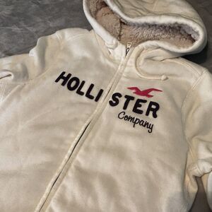 Vintage Y2K Hollister Sherpa-Lined Hoodie White Embroidered  Size Large Full zip